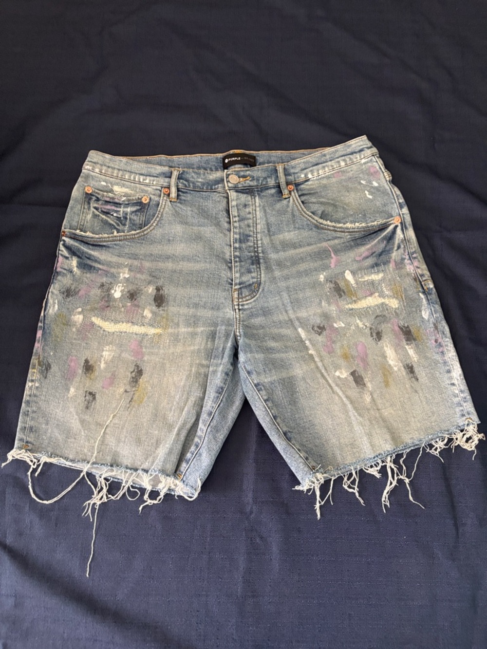 Men's Light Blue Distressed Jean Shorts with Paint Detail